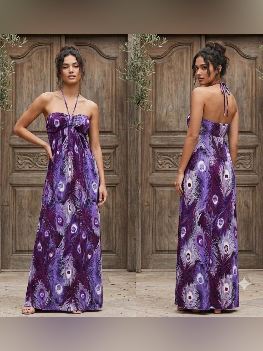 Lucy & Laurel Purple Feather-Print Halter Maxi Dress